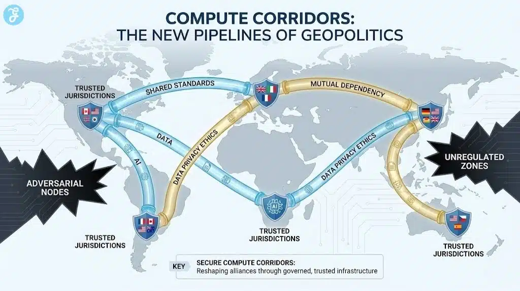 A global map infographic titled 'Compute Corridors: The New Pipelines of Geopolitics.' It visualizes glowing digital pipelines carrying data and AI models connecting allied 'Trusted Jurisdictions' based on shared standards, while bypassing dark areas labeled 'Adversarial Nodes' and 'Unregulated Zones.'