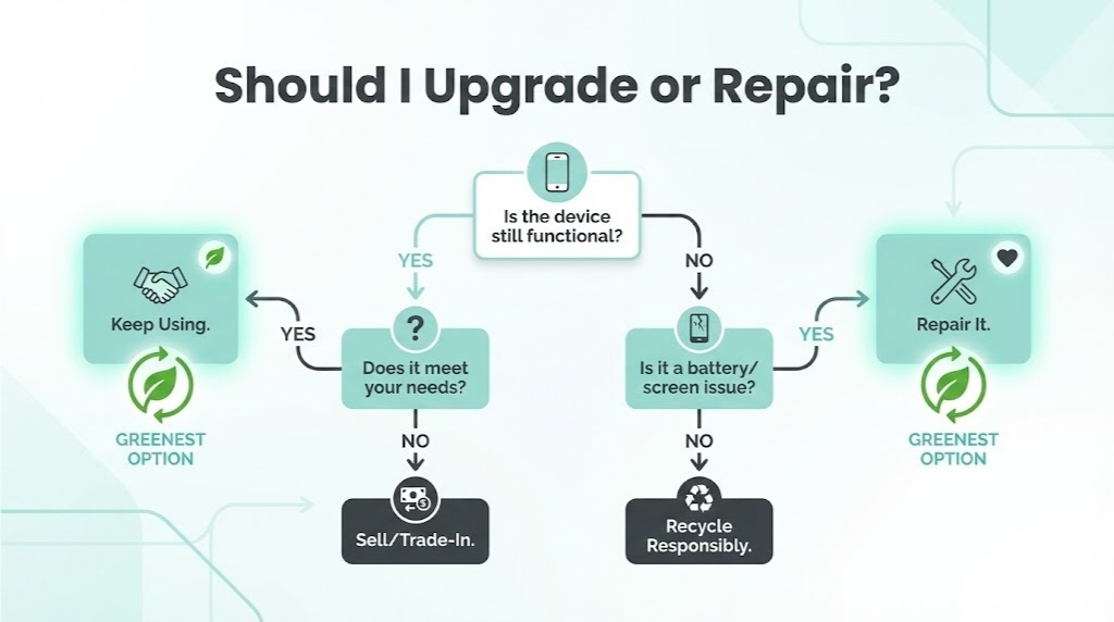 A simple decision tree helping consumers decide what to do with an old device: Keep/Repair, Refurbish/Sell, or Recycle based on its condition.