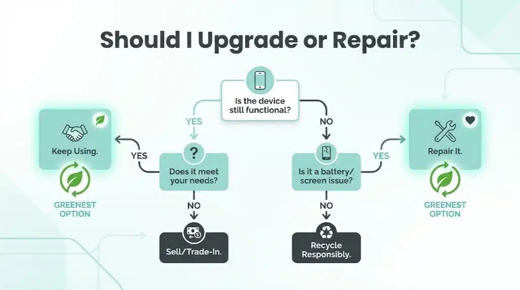 A simple decision tree helping consumers decide what to do with an old device: Keep/Repair, Refurbish/Sell, or Recycle based on its condition.
