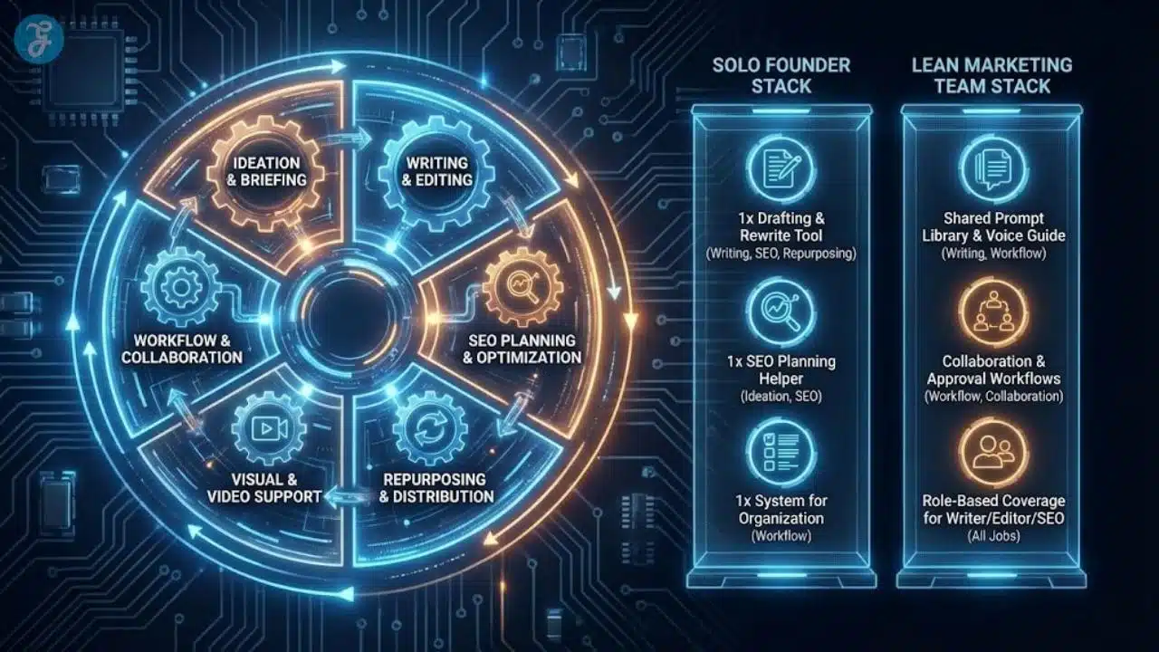An infographic illustrating six core content creation jobs as an interconnected gear flywheel on the left, alongside recommended AI tool stacks for solo founders and lean marketing teams on the right.