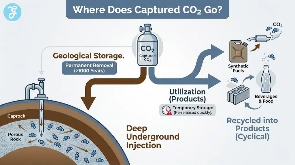 A flowchart infographic showing the two paths for captured CO2: Geological Storage (Permanent) versus Utilization (Temporary/Cyclical), emphasizing durability.