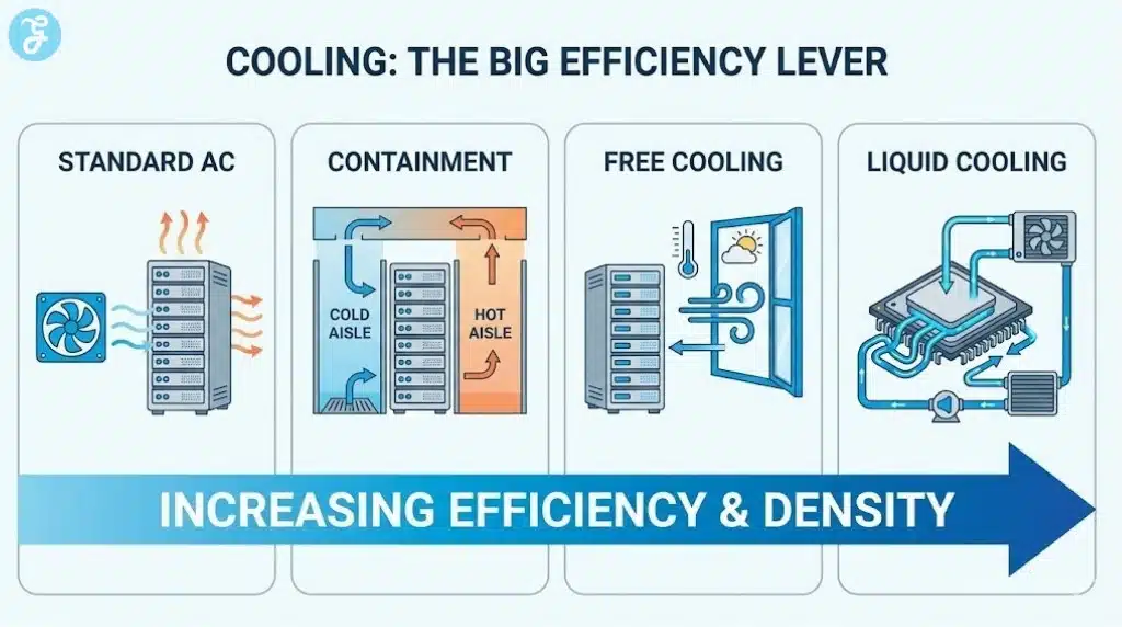 Comparison infographic showing the evolution of data center cooling methods from standard air conditioning to advanced liquid cooling.