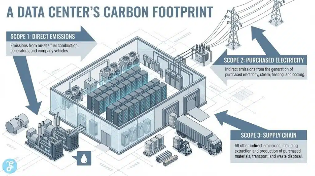 Infographic illustrating the three scopes of data center emissions: Scope 1 (Direct), Scope 2 (Electricity), and Scope 3 (Supply Chain).