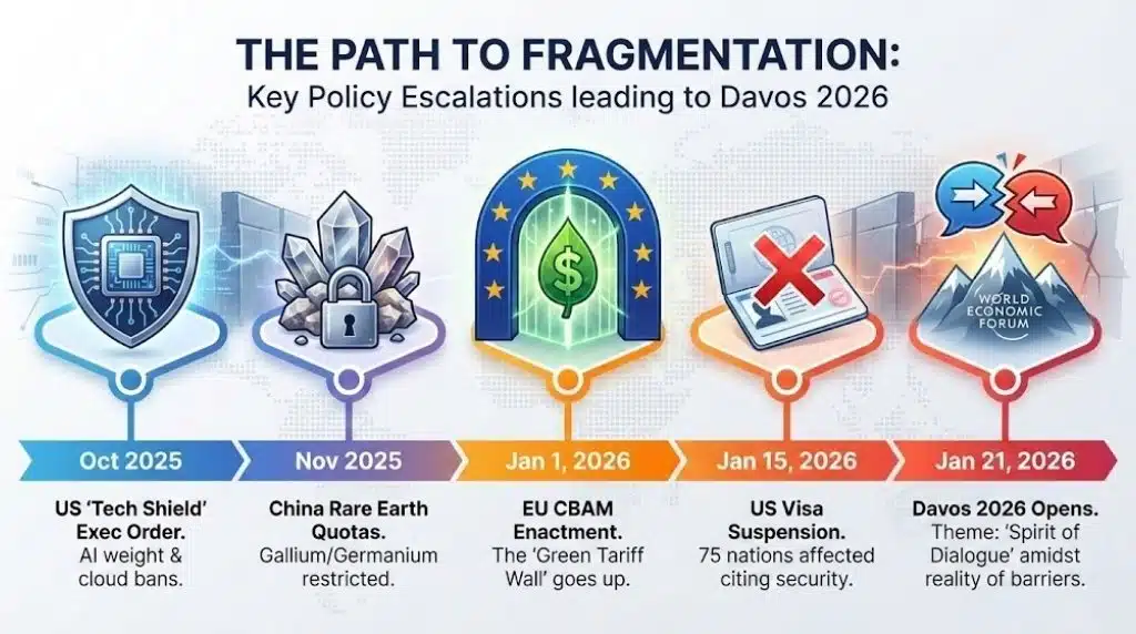 Timeline of US-China trade escalation and EU CBAM enactment leading to Davos 2026 fragmentation.