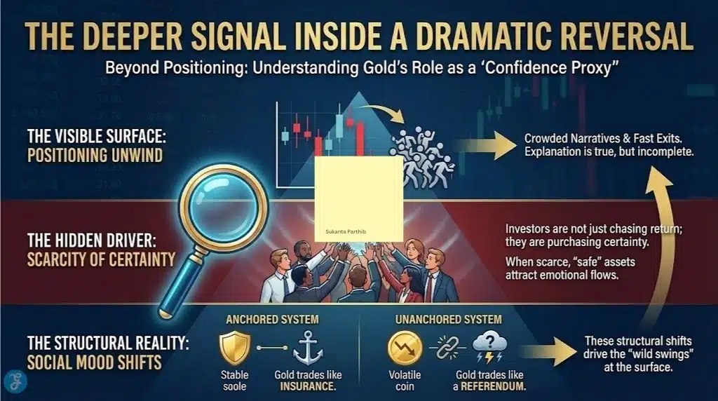 A professional 16:9 landscape infographic titled "The Deeper Signal Inside A Dramatic Reversal." The visual uses a magnifying glass to look "Beyond Positioning" to reveal the "Hidden Driver: Scarcity of Certainty." It contrasts an "Anchored System" (Stable, gold as insurance) with an "Unanchored System" (Volatile, gold as a referendum), using a dark navy background with gold accents.