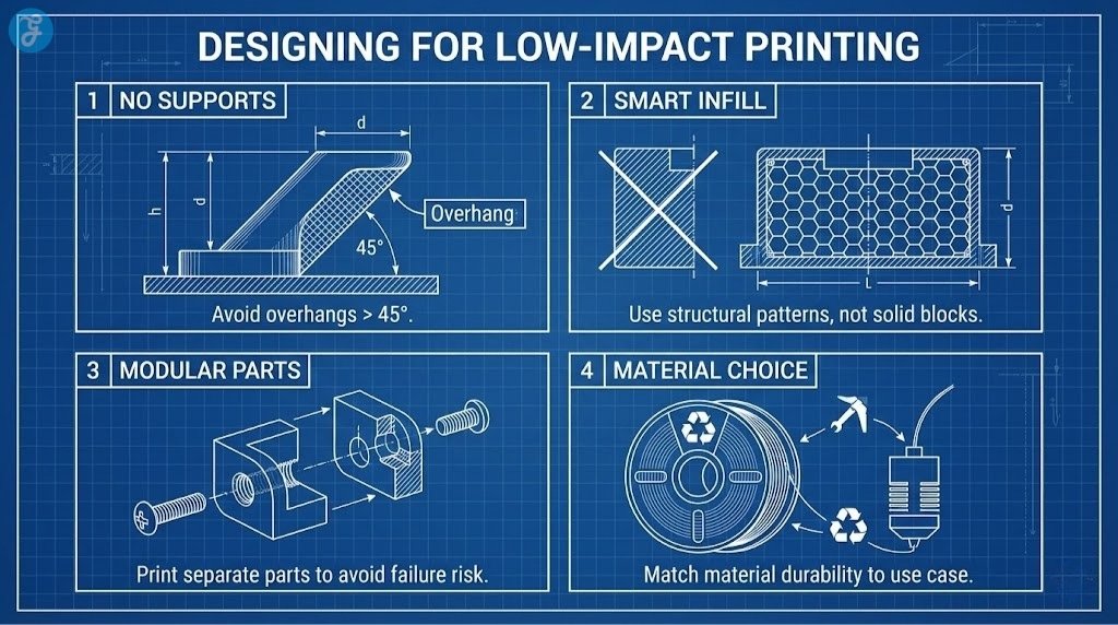 A checklist infographic for designers, showing best practices like "Minimize Supports," "Optimize Infill," and "Design for Repair."