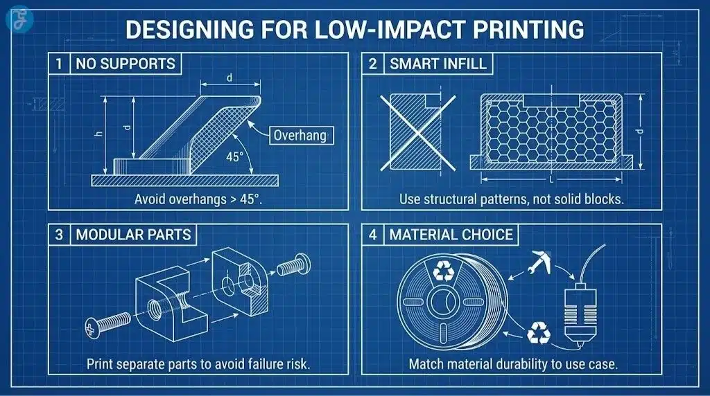 A checklist infographic for designers, showing best practices like "Minimize Supports," "Optimize Infill," and "Design for Repair."