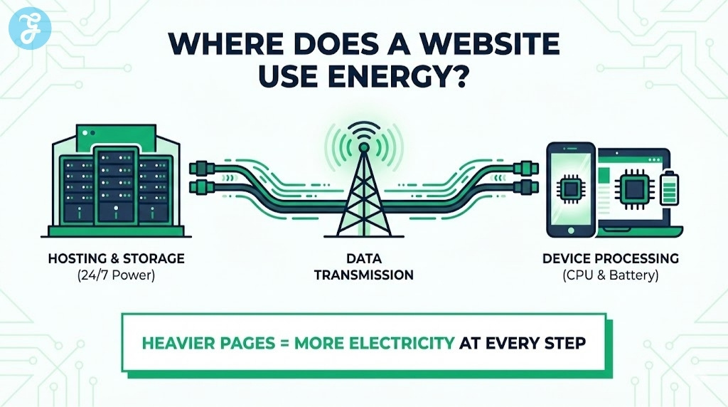 A flow diagram illustrating the physical energy consumption of a website, moving from Data Center to Network to User Device.