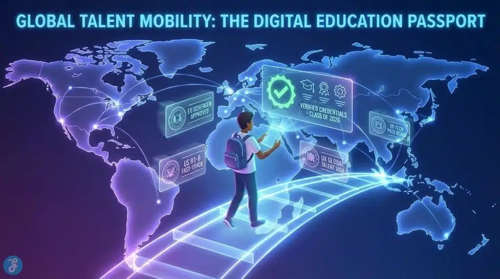Graphic showing a student using a digital education passport for instant global visa approval.