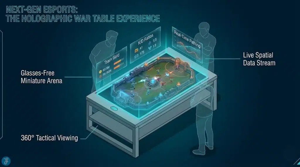 Live 3D holographic battle map projected on a table for esports spectators.