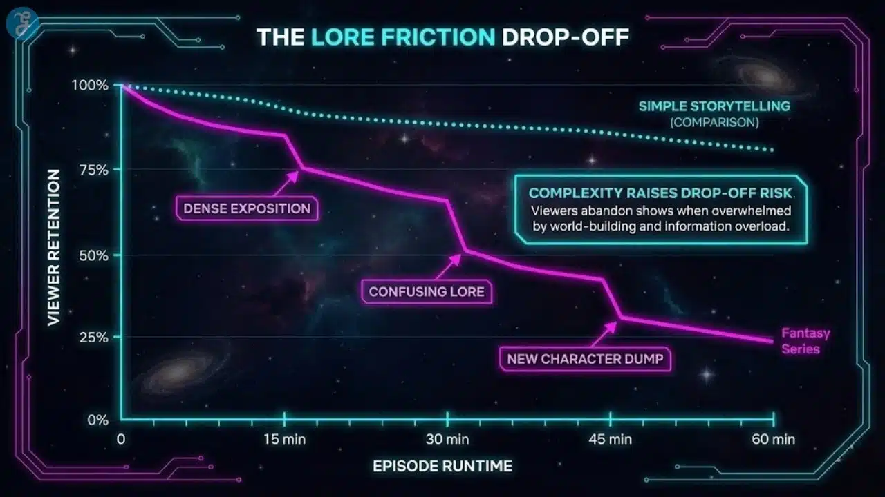 Line graph showing how complex lore and dense exposition in fantasy shows cause sharper viewer drop-off rates compared to simpler stories.