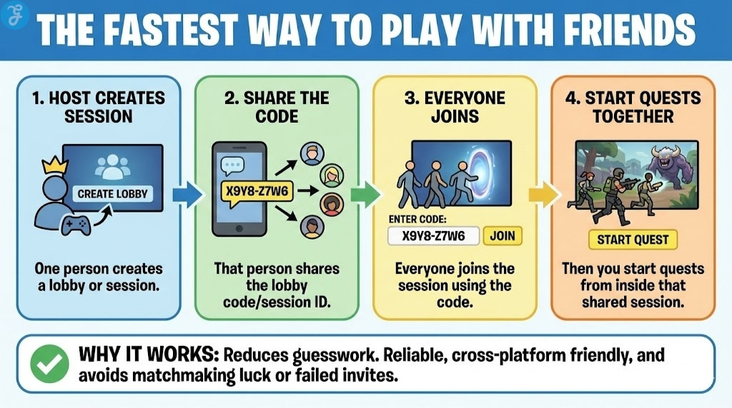 A 4-step infographic explaining the fastest way to play Monster Hunter Wilds with friends. Step 1: Host creates a session. Step 2: Share the unique session code. Step 3: Everyone joins manually using the code. Step 4: Start quests together. A note highlights that this method reduces guesswork and bypasses platform invite failures