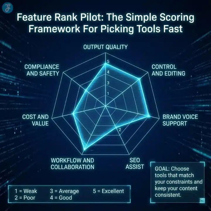 A futuristic radar chart infographic titled "Feature Rank Pilot," illustrating a scoring framework for evaluating AI tools based on criteria like output quality, control, and brand voice support on a scale of 1 to 5.