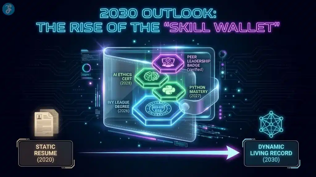 2030 infographic displaying a dynamic digital skill wallet with stackable verified credentials.