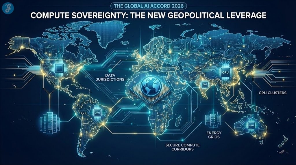 A futuristic digital world map infographic titled 'The Global AI Accord 2026: Compute Sovereignty: The New Geopolitical Leverage,' showing interconnected glowing nodes labeled Data Jurisdictions, GPU Clusters, Energy Grids, and Secure Compute Corridors, symbolizing the shift in global power.