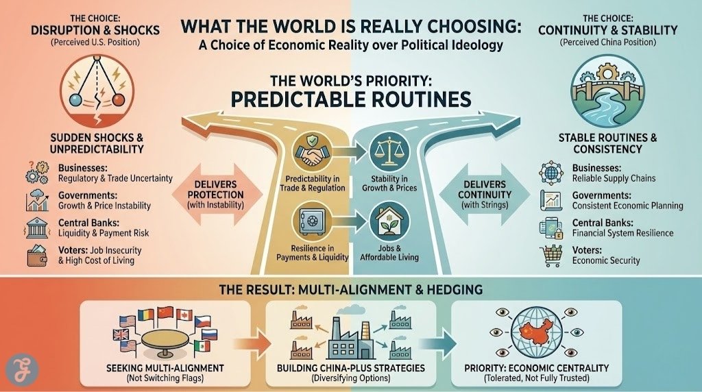 A landscape infographic titled "What The World Is Really Choosing," depicting a split view between "Disruption and Shocks" versus "Continuity and Stability," illustrating why businesses and governments are moving toward multi-alignment and "China-Plus" strategies.