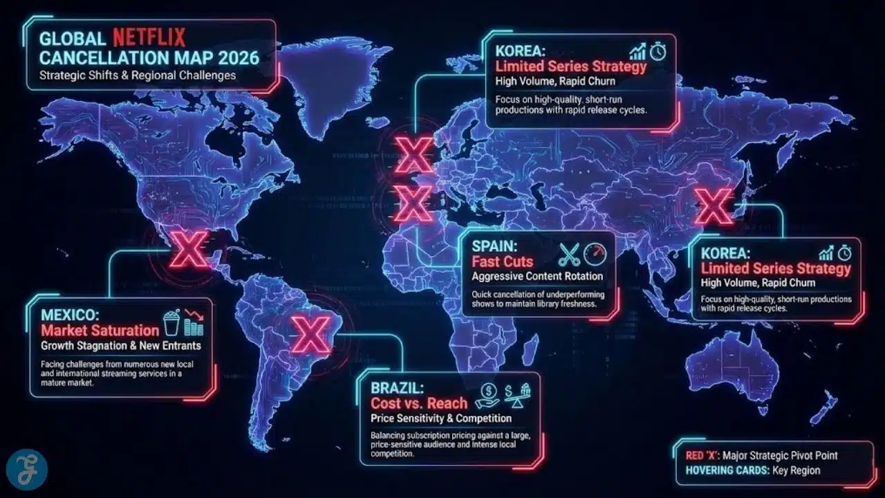 World map infographic highlighting key regions for Netflix cancellations in 2026, including Korea, Spain, and Latin America.