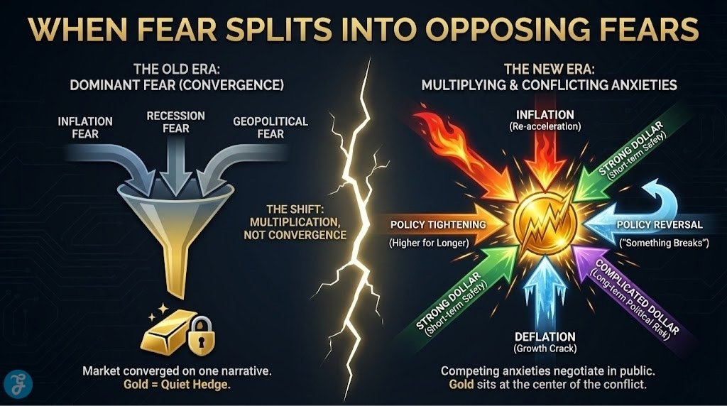 A professional 16:9 landscape feature image titled "Why The Gold Rally’s Wild Swings Reveal A New Era Of Market Anxiety." The infographic visualizes the shift from a "Quiet Hedge" to a "Battlefield Asset" with a central tug-of-war design, illustrating how competing fears like inflation, policy fragility, and geopolitical risks are pulling gold prices in different directions.
