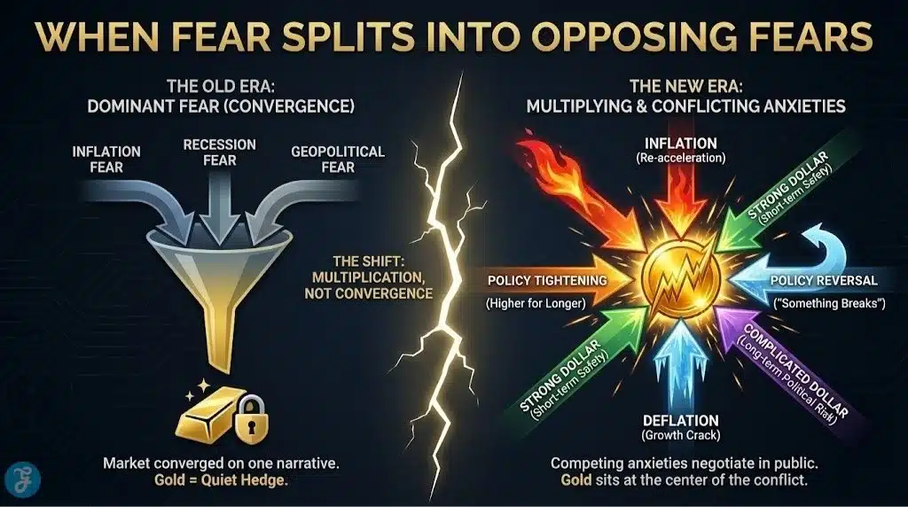 A professional 16:9 landscape feature image titled "Why The Gold Rally’s Wild Swings Reveal A New Era Of Market Anxiety." The infographic visualizes the shift from a "Quiet Hedge" to a "Battlefield Asset" with a central tug-of-war design, illustrating how competing fears like inflation, policy fragility, and geopolitical risks are pulling gold prices in different directions.