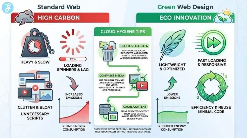 Comparison infographic illustrating green web design principles versus high-carbon web practices, highlighting cloud hygiene and efficiency.