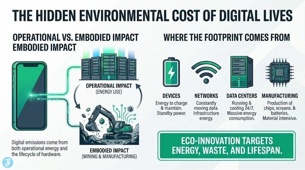 Infographic showing the environmental impact of digital life, distinguishing between operational energy and embodied impact from mining and manufacturing