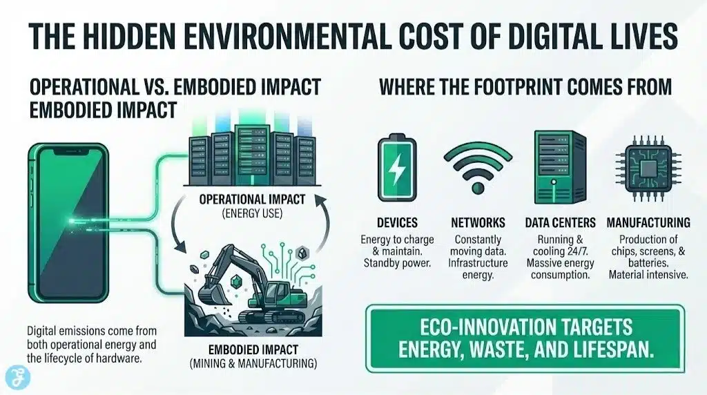 Infographic showing the environmental impact of digital life, distinguishing between operational energy and embodied impact from mining and manufacturing