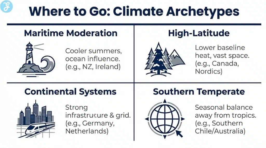 A four-quadrant grid displaying the different types of climate-resilient country options: Maritime, High-Latitude, Continental, and Southern Hemisphere.