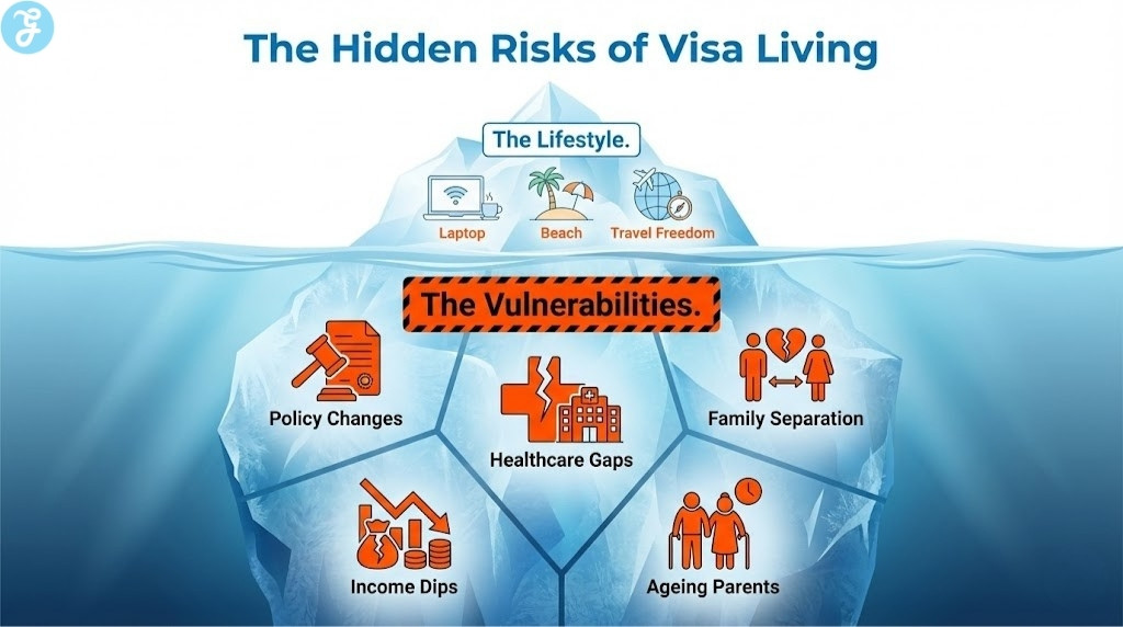 An iceberg infographic showing that while travel freedom is visible, risks like policy changes and healthcare gaps lie beneath the surface of visa-based living.