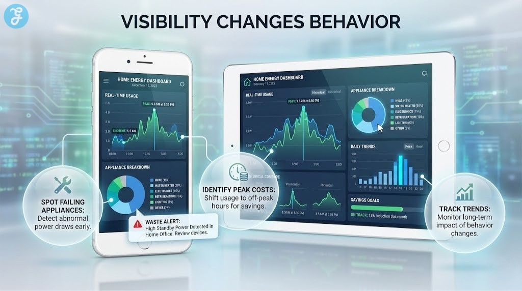 Illustration of a home energy monitoring dashboard on mobile devices, highlighting how visibility helps identify waste and peak costs.