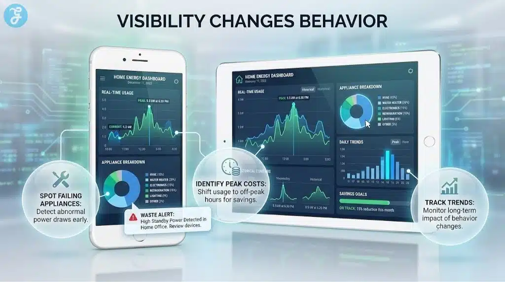 Illustration of a home energy monitoring dashboard on mobile devices, highlighting how visibility helps identify waste and peak costs.