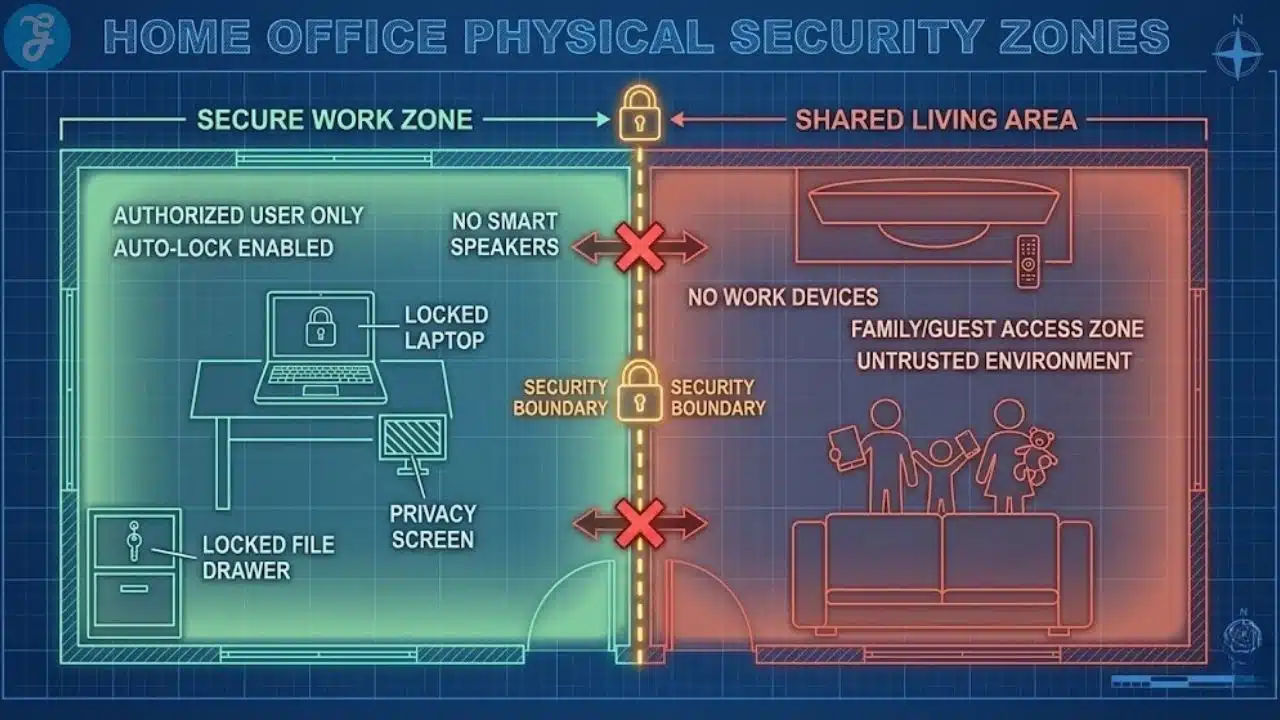 Diagram illustrating physical home office security zones, separating the secure work desk from shared family areas to prevent data leaks.
