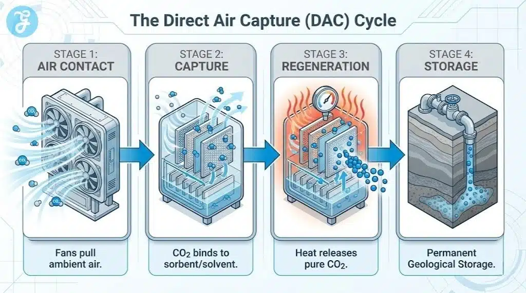 A 4-step process infographic illustrating the Direct Air Capture cycle: Air Contact, Capture, Regeneration, and Storage, using a clean technical style.