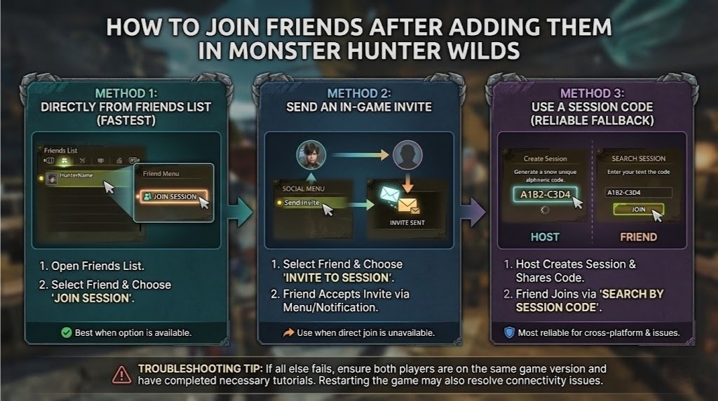 Visual guide displaying three methods to join friends in Monster Hunter Wilds: Method 1 shows joining directly from the friends list; Method 2 shows sending an in-game invite; Method 3 highlights using a session code as a reliable fallback for cross-platform play.
