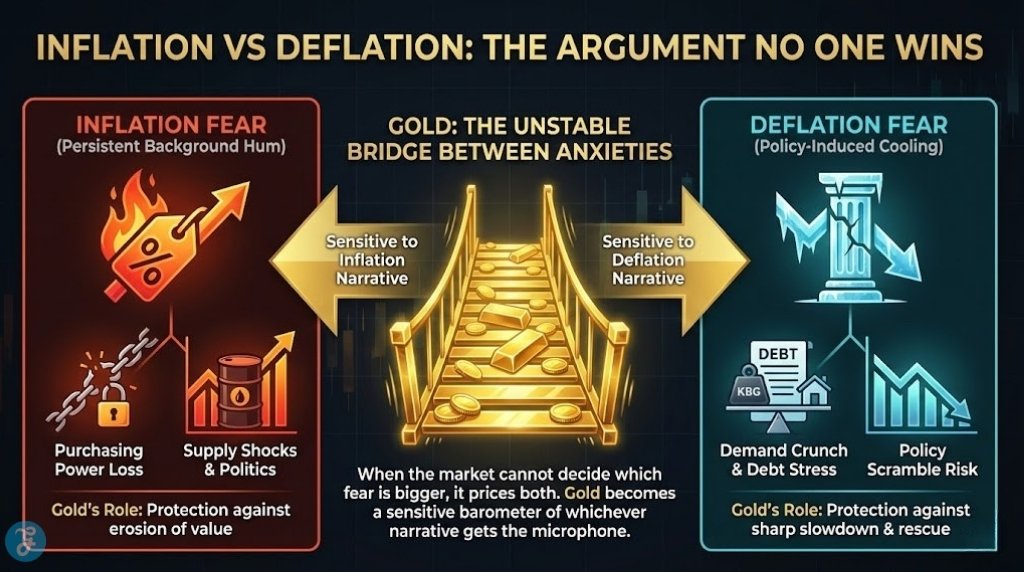 A professional 16:9 landscape infographic titled "Inflation Vs Deflation: The Argument No One Wins." The design features a split theme: the left side represents "Inflation Fear" (fire icons, purchasing power loss), while the right side represents "Deflation Fear" (ice icons, debt stress). In the center, a gold bar acts as a stabilizing "Bridge" connecting these opposing anxieties.