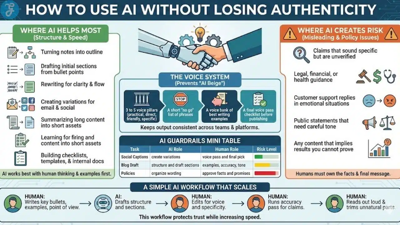 Scalable human-AI content workflow chart demonstrating guardrails for authenticity and speed.