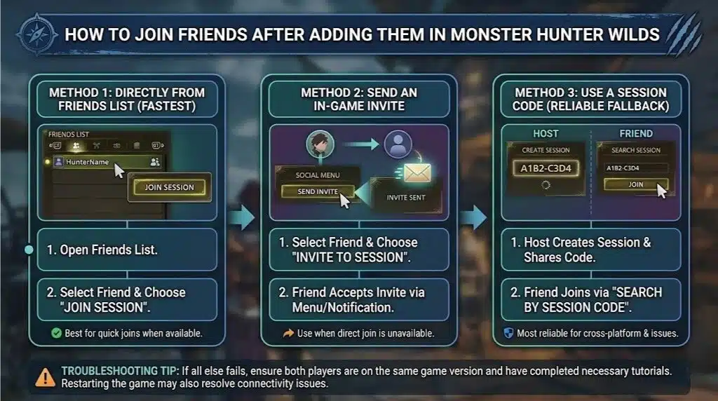 A detailed infographic on joining sessions in Monster Hunter Wilds. It visualizes the interface for the "Join Session" button in the friends list, the process of sending and accepting invites via the social menu, and the specific screen for entering alphanumeric session codes to connect manually.