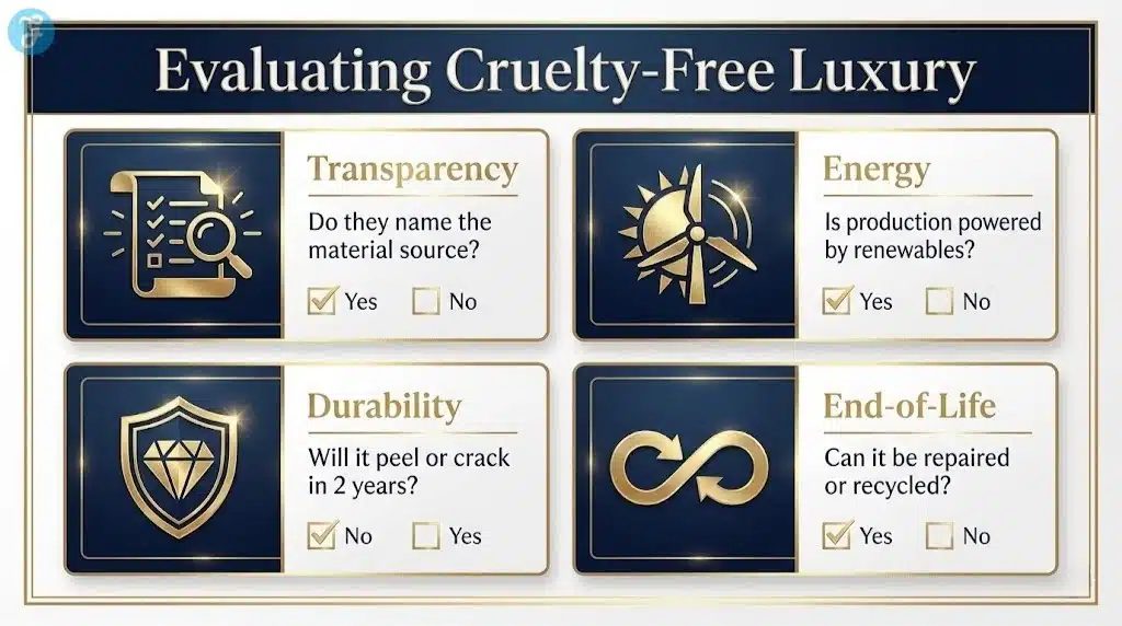 A checklist infographic for evaluating lab-grown luxury items, focusing on Transparency, Energy, Durability, and End-of-Life.