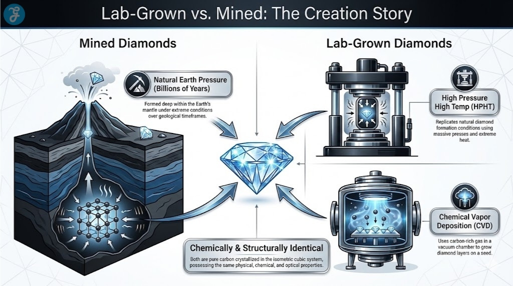 A side-by-side process infographic comparing the formation of Mined Diamonds (geological pressure) versus Lab-Grown Diamonds (HPHT & CVD methods)