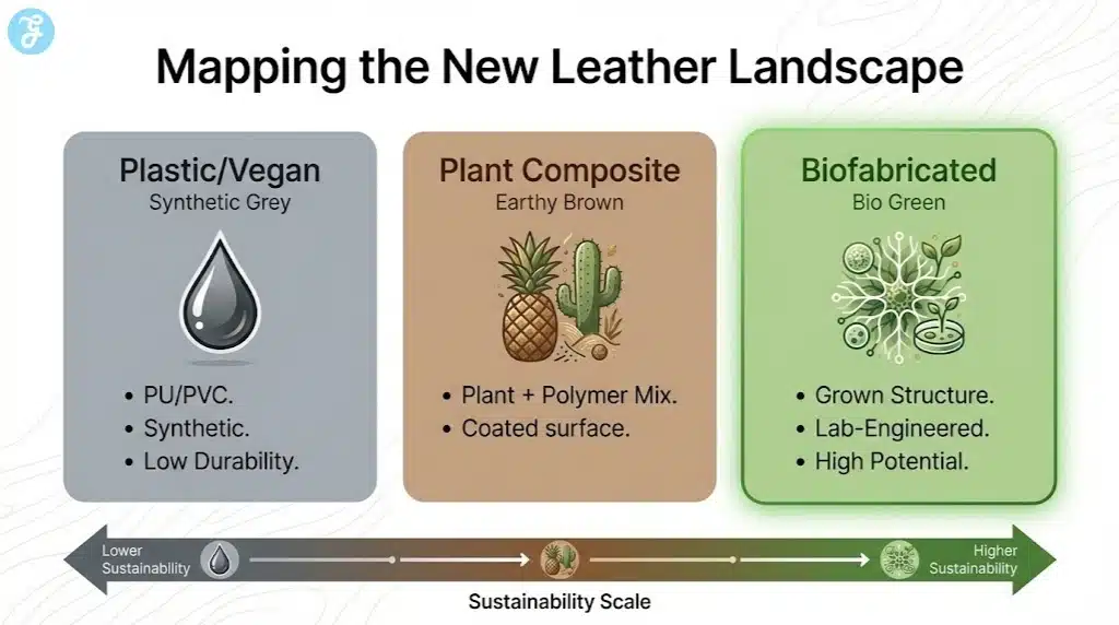 A classification map breaking down leather alternatives into three categories: Plastic/Vegan, Plant Composite, and Biofabricated, highlighting their differences.