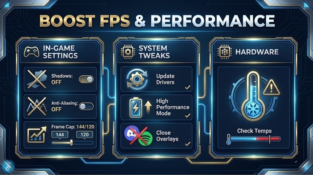 A dashboard-style infographic showing the best settings for League of Legends performance, including graphics settings and system tweaks.