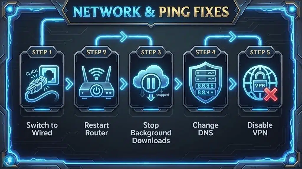 A flowchart style infographic detailing steps to fix network lag, featuring Ethernet, Router Reset, and DNS icons