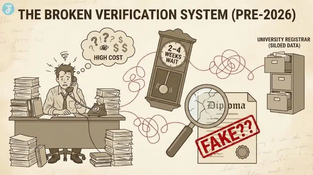 Illustration of the slow, costly, and fraud-prone traditional degree verification process.