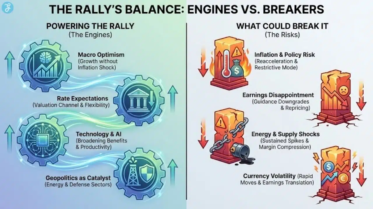 Split-panel infographic comparing stock market rally drivers like AI and macro optimism against risks like inflation and earnings shocks.