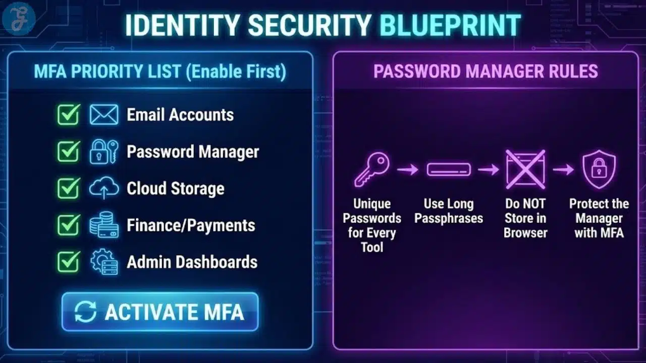 Digital identity security guide showing the MFA priority list and essential password manager rules for remote workers.
