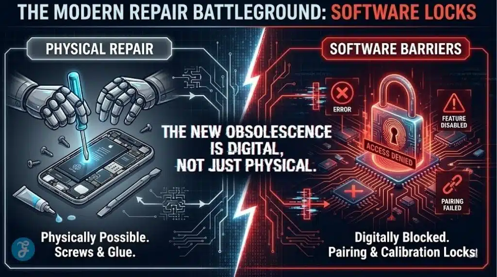 Infographic illustrating the shift in repair challenges from physical barriers like screws to digital ones like software locks and parts pairing.