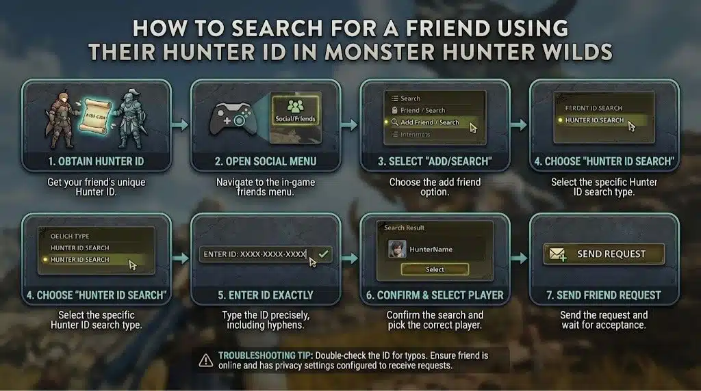 Step-by-step infographic showing how to search for a friend in Monster Hunter Wilds using a Hunter ID. Steps include obtaining the ID, opening the social menu, selecting "Add Friend/Search," choosing "Hunter ID Search," entering the ID exactly, and confirming the friend request.