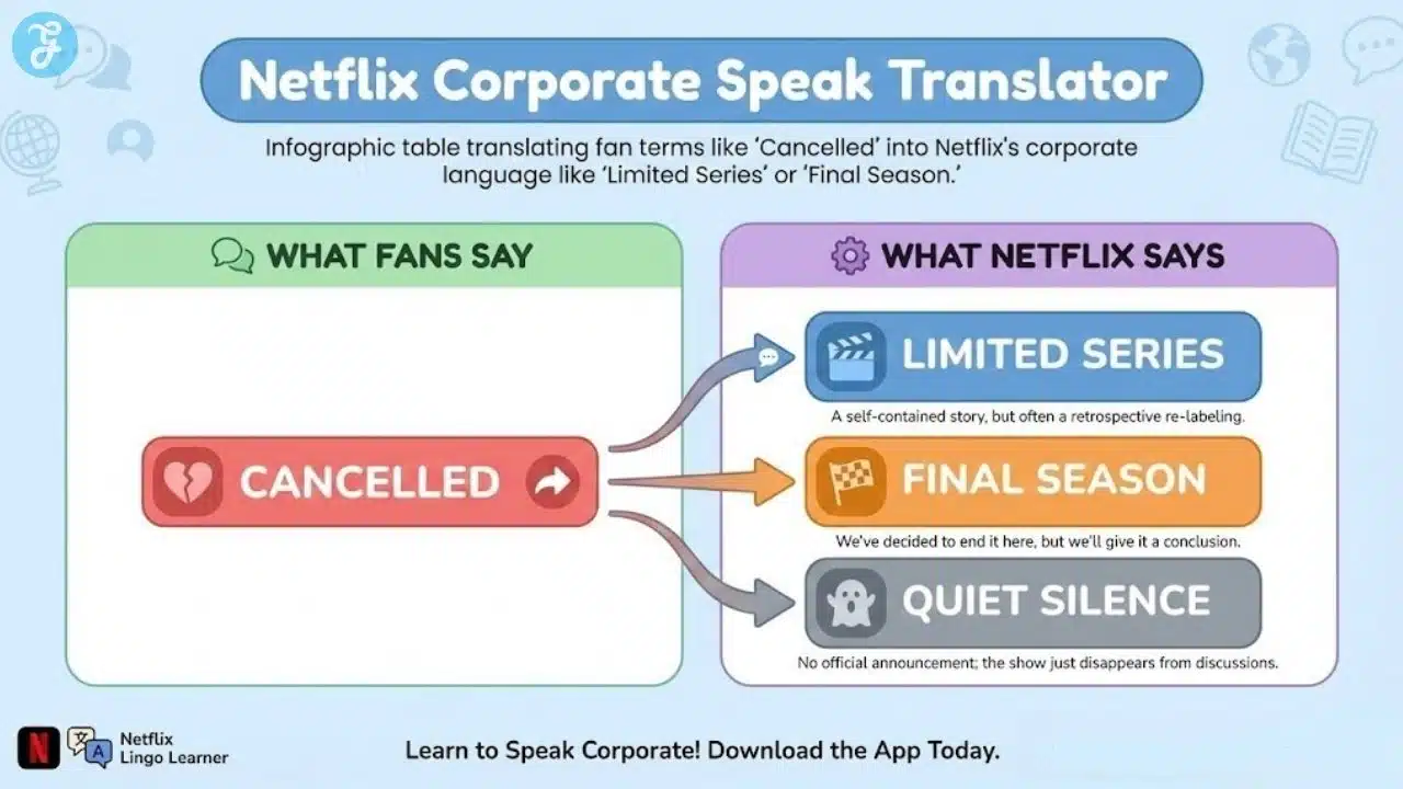 Infographic table translating fan terms like "Cancelled" into Netflix's corporate language like "Limited Series" or "Final Season.