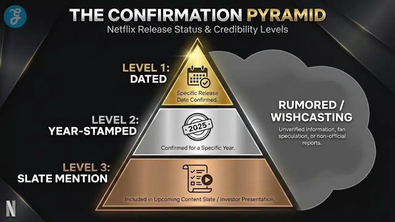 Pyramid infographic defining the three levels of Netflix release confirmation: Dated, Year-Stamped, and Slate Mention.