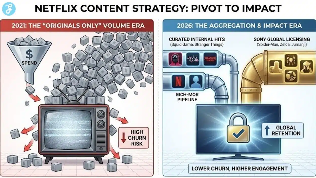 Comparison chart illustrating Netflix's strategic shift from high-volume originals to high-impact licensed blockbusters.