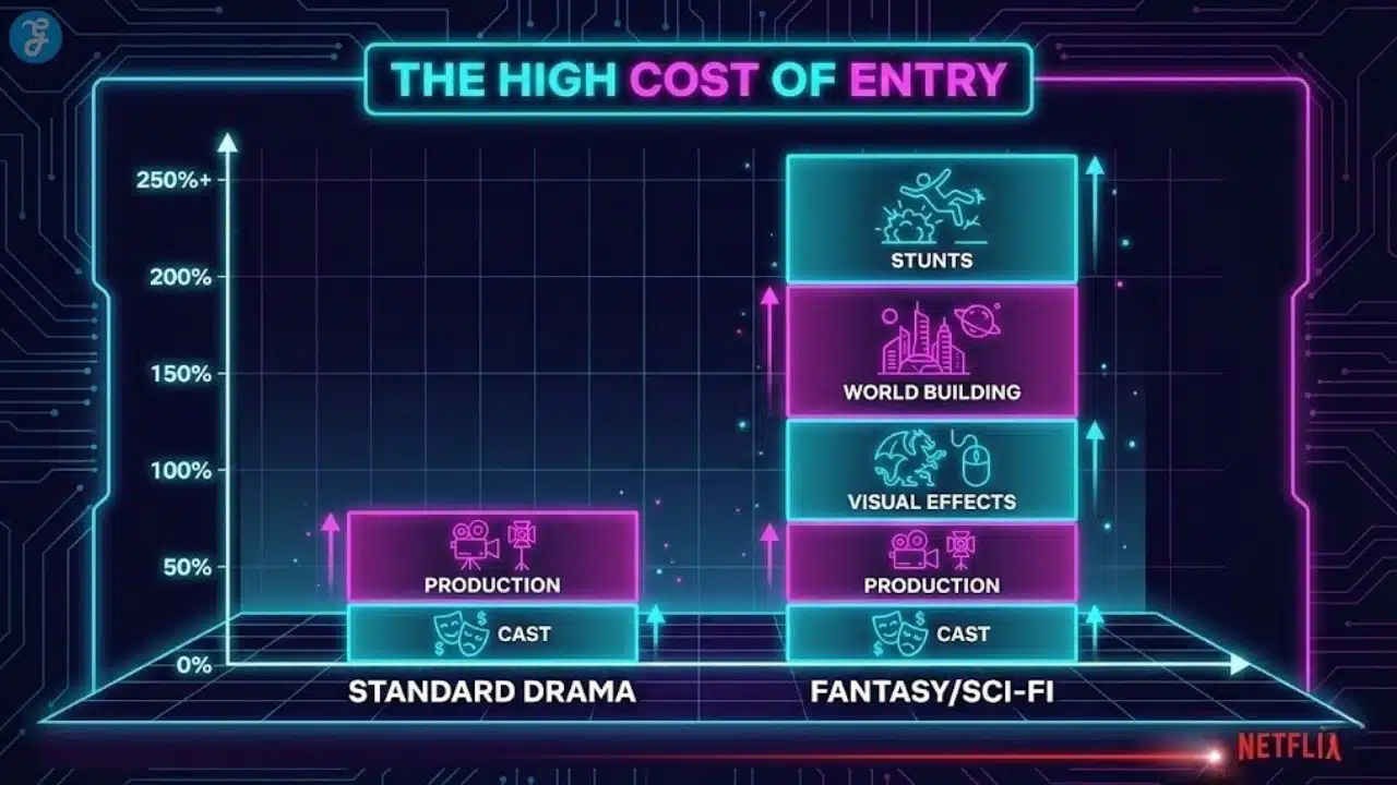 Visual equation illustrating how high budgets combined with low completion rates lead to cancellations on Netflix.